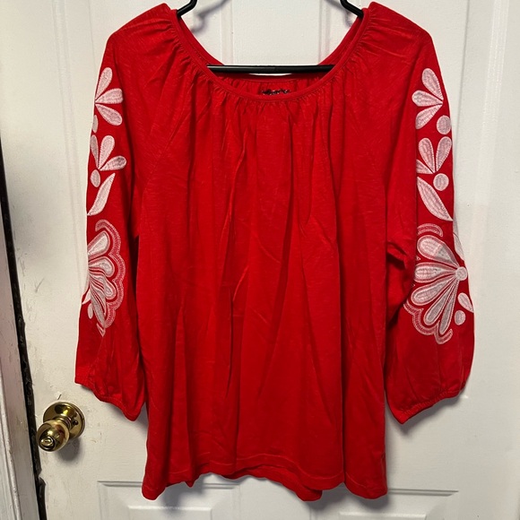 Talbots Tops - Talbots Red Blouse with White Embroidery see note